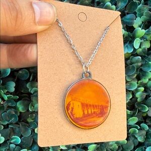 Vintage Repurposed Round Orange Image Pendant Necklace